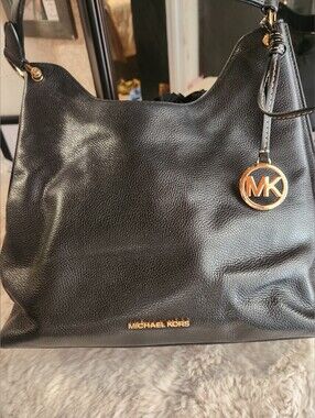 Michael Kors Black Pebbled Leather Hobo with Gold MK Charm